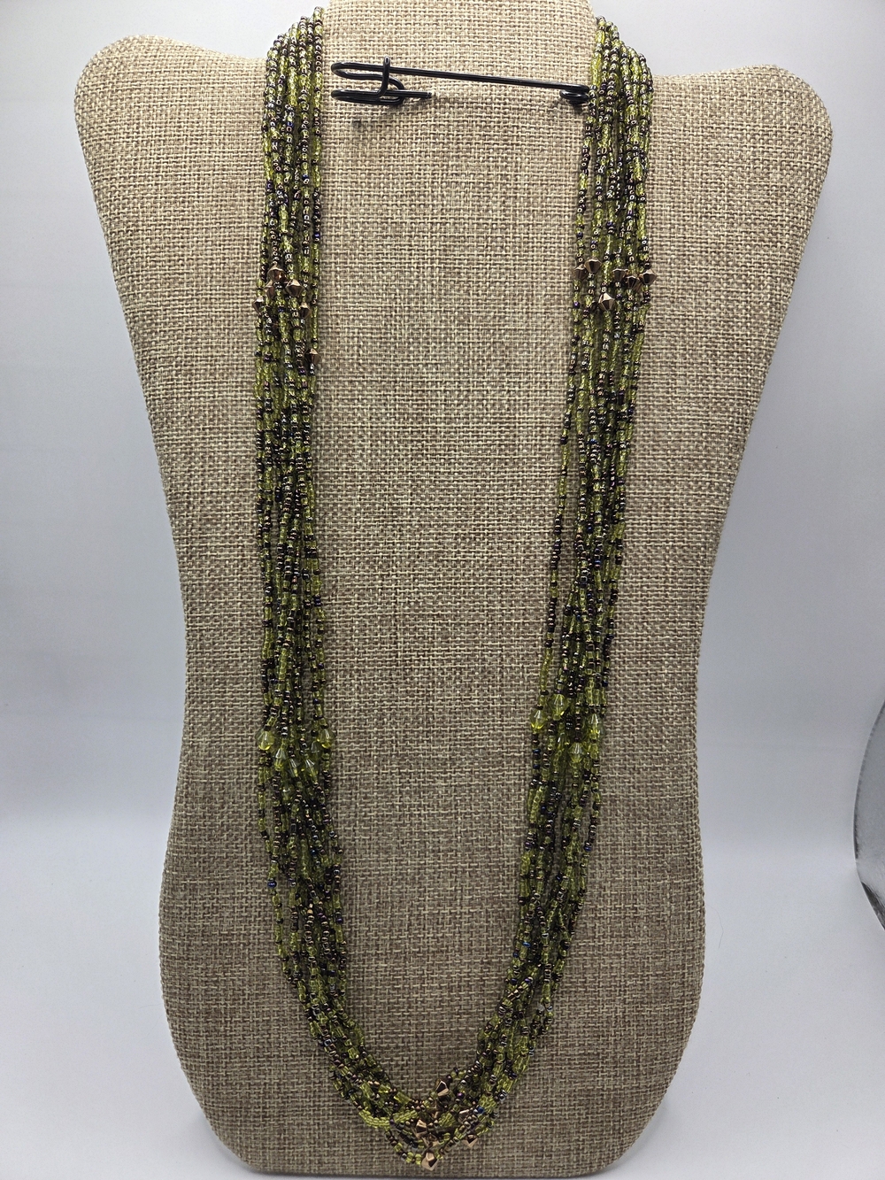 1599. Vintage Multi-Strand Olive Green Beaded Women's Necklace
